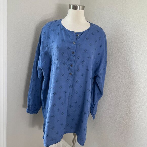Gudrun Sjoden Womens XL Blue 100% Linen Button Front Tunic Top Lagenlook Shirt - Picture 1 of 11